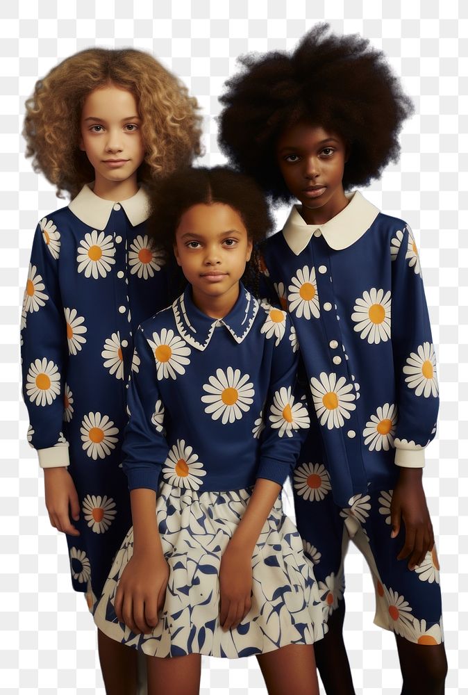 PNG Little three black girl big daisy pattern navy shirt photography portrait adult. AI generated Image by rawpixel.