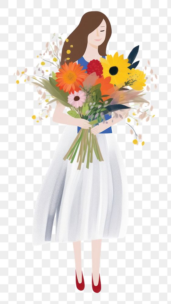 PNG Woman holding bouquet flower sunflower painting plant. AI generated Image by rawpixel.