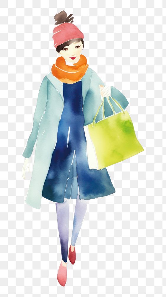 PNG Woman holding shopping bags costume doll coat. AI generated Image by rawpixel.