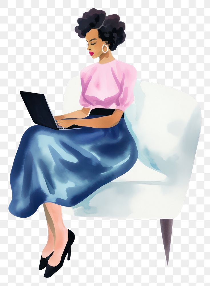 PNG Woman while working on her laptop furniture computer painting. AI generated Image by rawpixel.