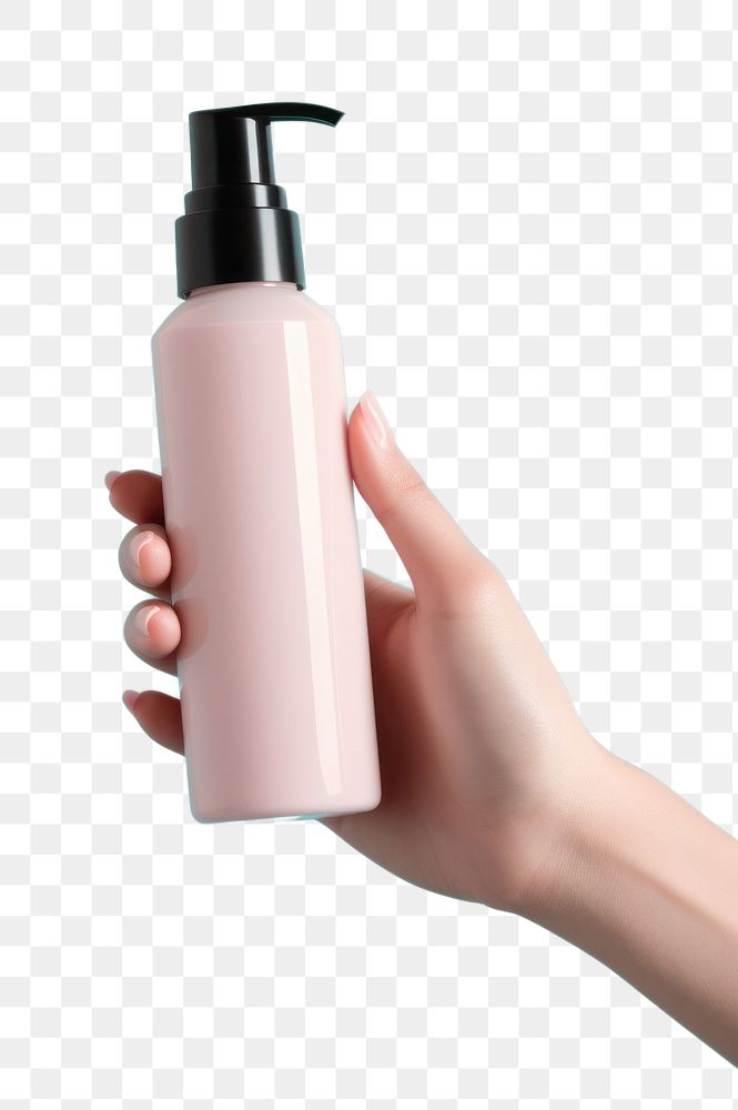 PNG Cosmetics bottle holding hand container. AI generated Image by rawpixel.