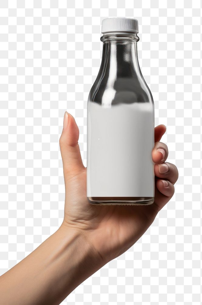 PNG Glass bottle holding drink milk. AI generated Image by rawpixel.