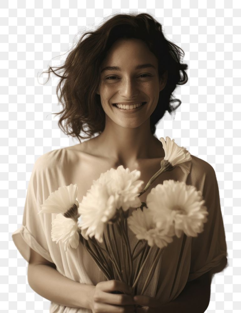 PNG  Woman holding bouquet flower photography portrait smiling. AI generated Image by rawpixel.
