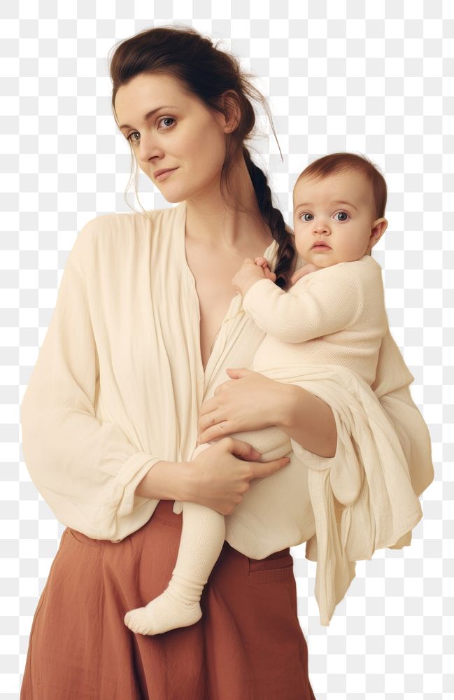 PNG A woman lookin at camera wearing white cardigan holding a baby standing beige background portrait family adult. AI…