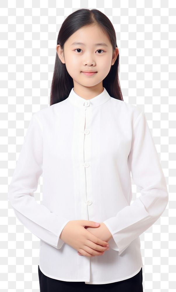 PNG Asian girl dresses blank white mandarin collar shirt sleeve blouse white background. AI generated Image by rawpixel.