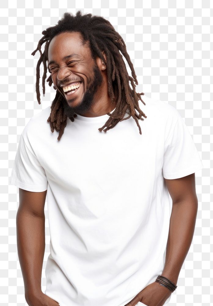 PNG Happy African man with dreadlocks t-shirt laughing smile. AI generated Image by rawpixel.