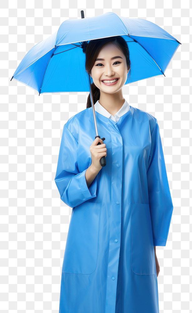 PNG  Happy smile asian woman wearing a patient outfit with an blue umbrella raincoat white background mortarboard. AI…