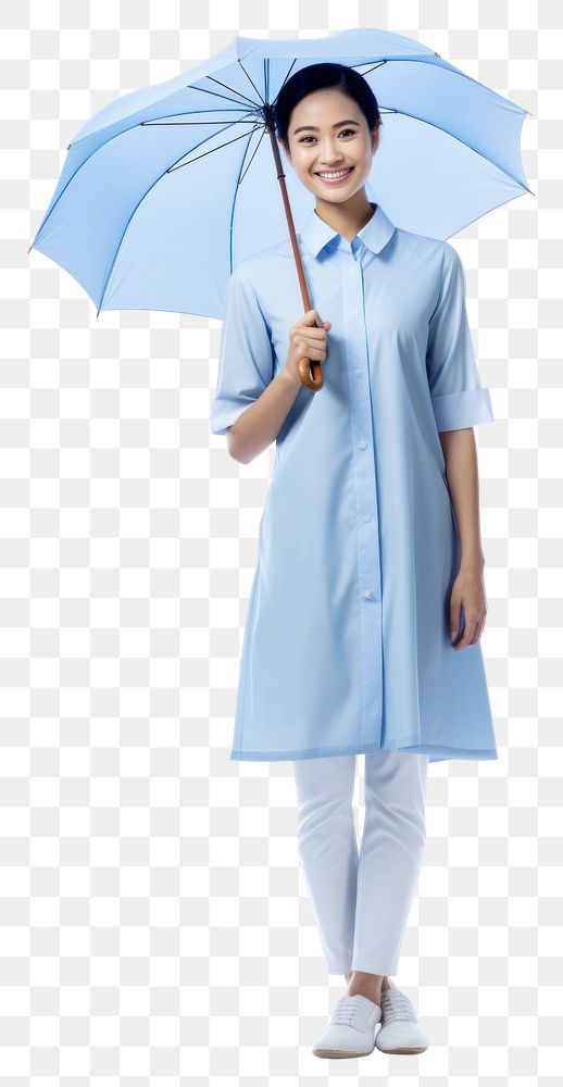PNG  Happy smile asian woman wearing a patient outfit with an blue umbrella coat white background protection. AI generated…