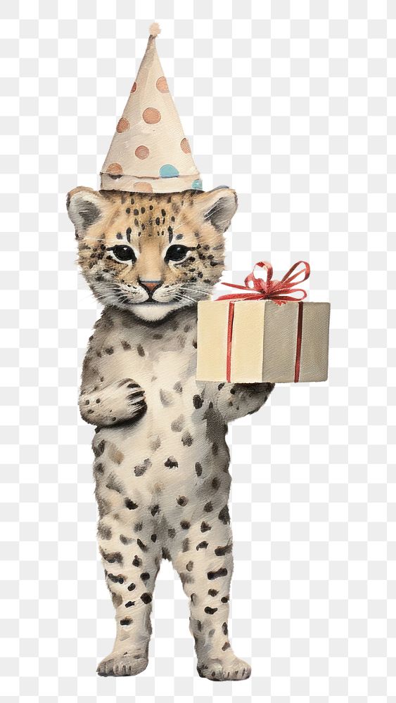 PNG A happy Cheetah wearing party hat holding a giftbox drawing mammal animal. AI generated Image by rawpixel.