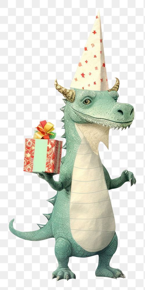 PNG  A happy Chinese Dragon holding a giftbox animal mammal hat. AI generated Image by rawpixel.