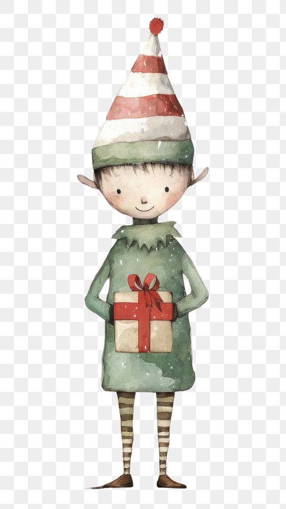 PNG  A happy elf holding a giftbox drawing winter art. AI generated Image by rawpixel.