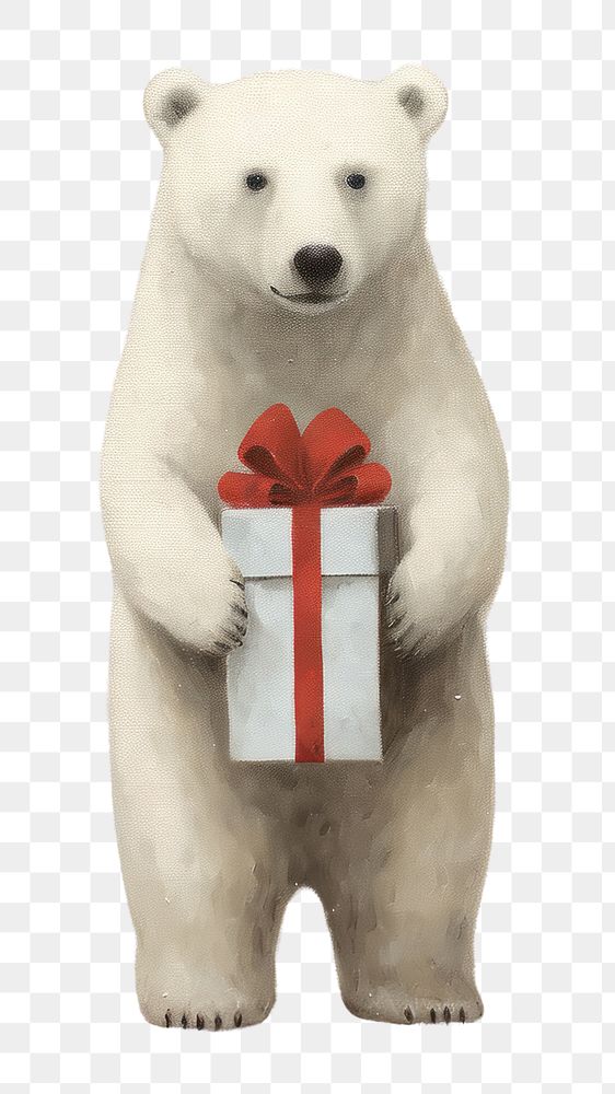 PNG  A happy Polar bear holding a giftbox drawing mammal animal. AI generated Image by rawpixel.