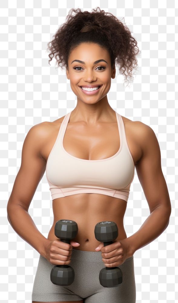 PNG A woman in an exercise pose with two dumbbells athlete sports smile. AI generated Image by rawpixel.