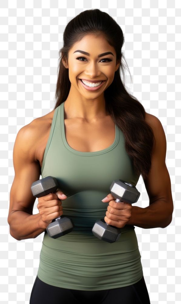 PNG A woman in an exercise pose with two dumbbells athlete sports smile. AI generated Image by rawpixel.