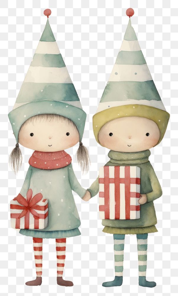 PNG  Happy elfs holding a giftbox drawing cute hat. AI generated Image by rawpixel.