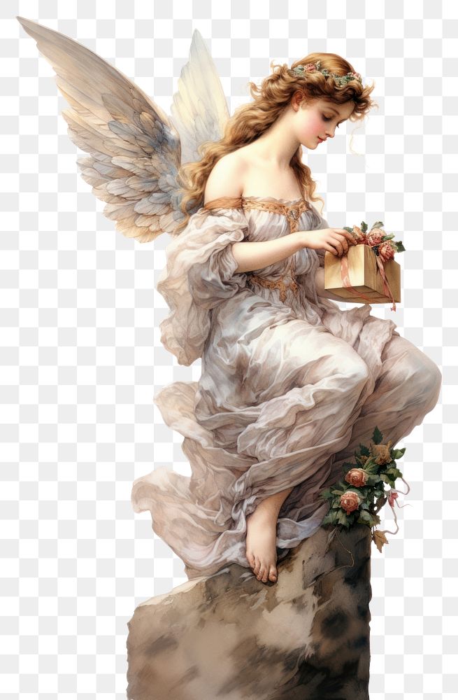 PNG  Flying Angel Holding a giftbox angel adult white background