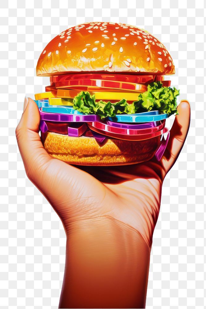 PNG A Hamburger held in a hand hamburger food vibrant color. AI generated Image by rawpixel.
