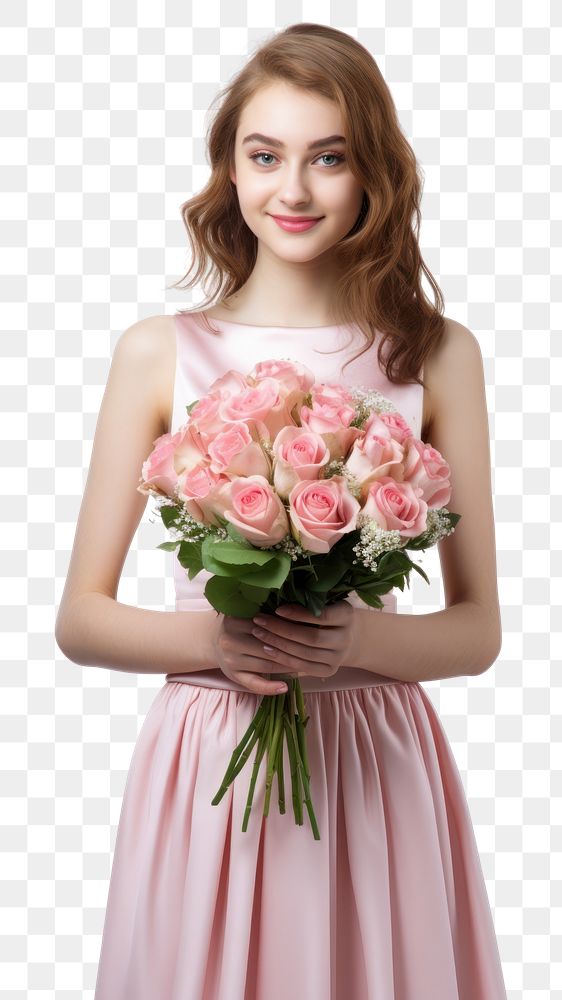 PNG A cute girl holding a beautiful bouquet of roses wedding bridesmaid standing. AI generated Image by rawpixel.