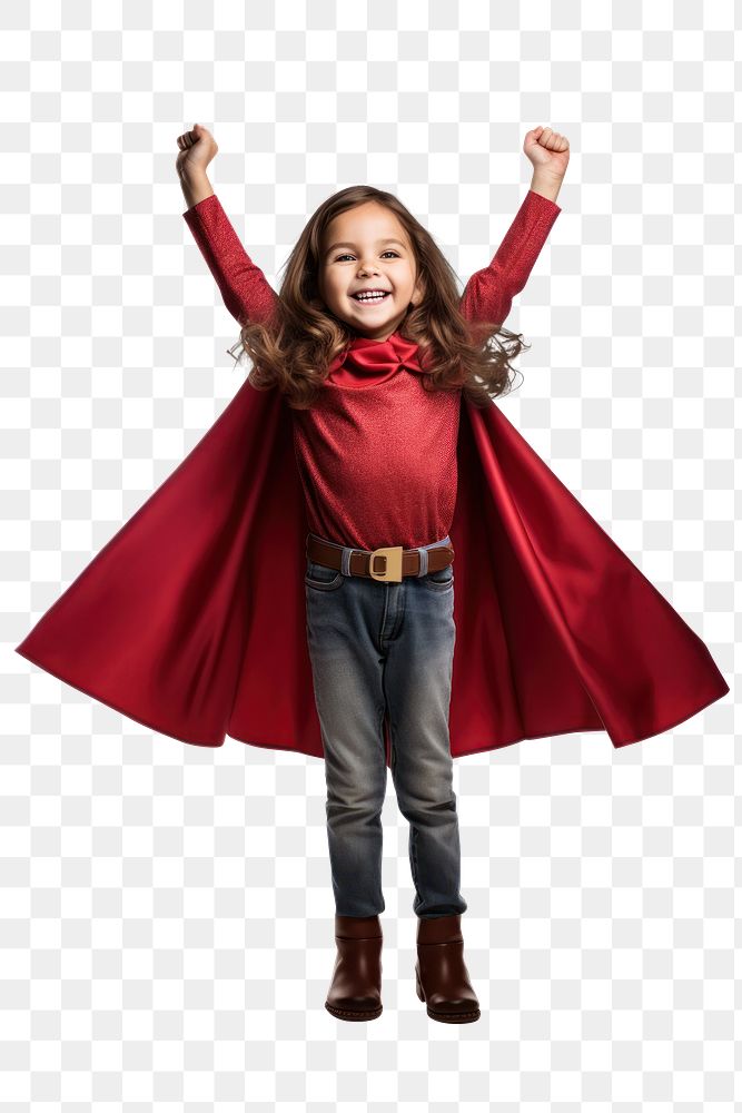 PNG A Little child girl plays superhero while wearing a red cape standing portrait costume. AI generated Image by rawpixel.