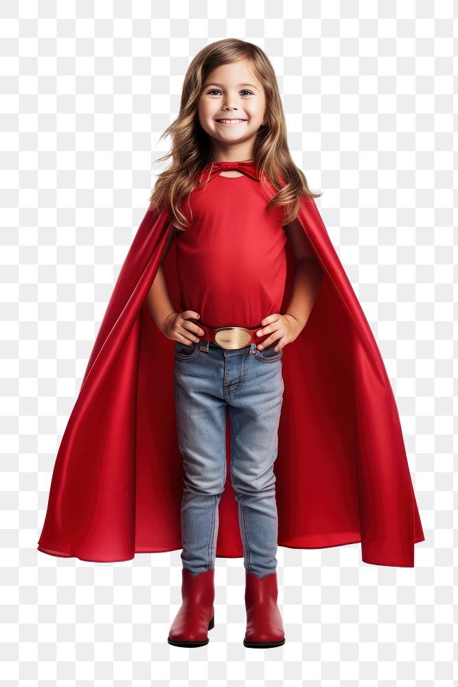 PNG A Little child girl plays superhero while wearing a red cape standing fashion adult. AI generated Image by rawpixel.