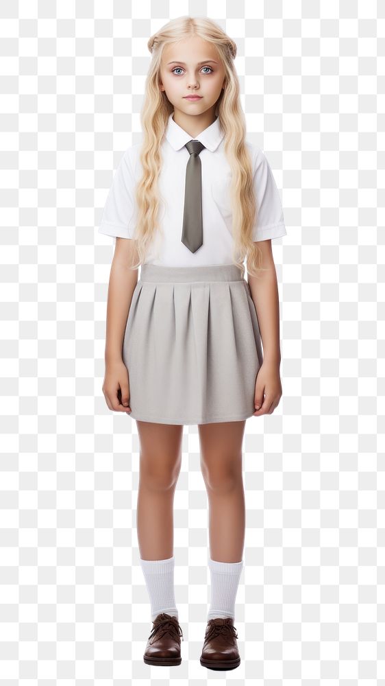 PNG A young blonde girl wearing student uniform miniskirt footwear standing. AI generated Image by rawpixel.