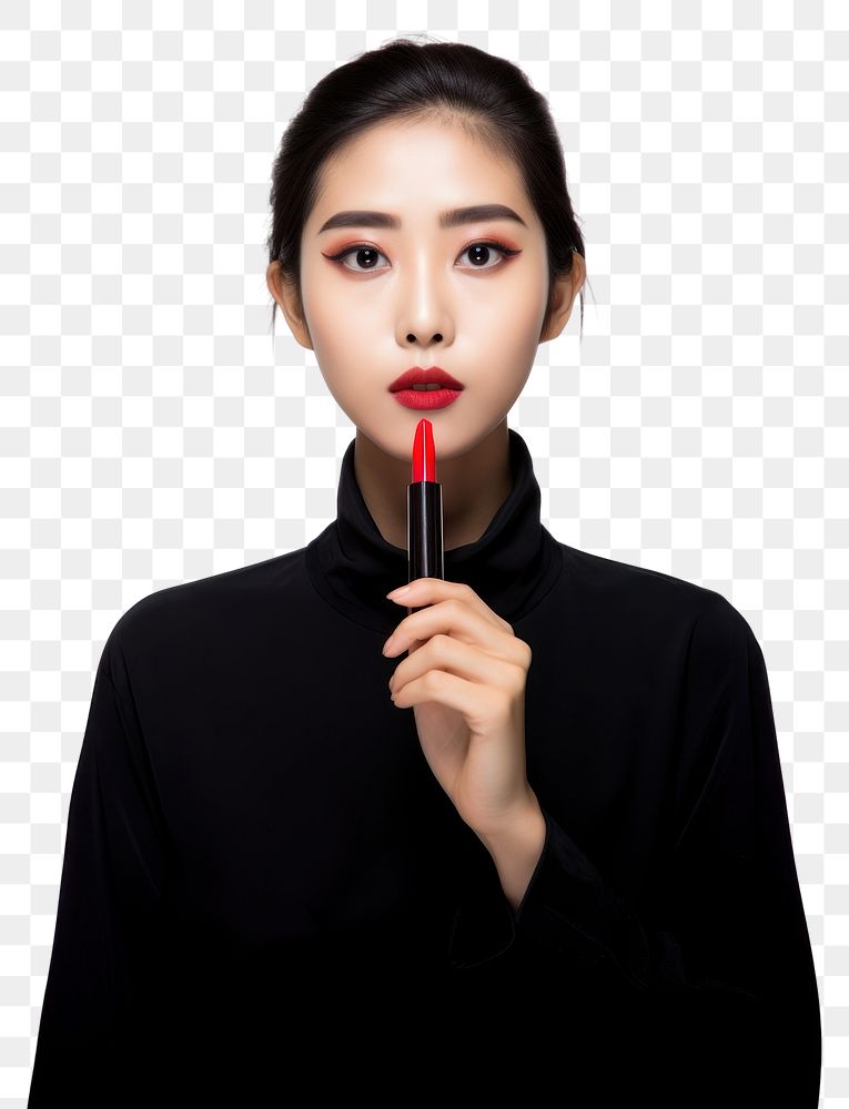 PNG Beautiful trendy young asian female fashion model putting makeup and lipstick portrait photo white background. AI…