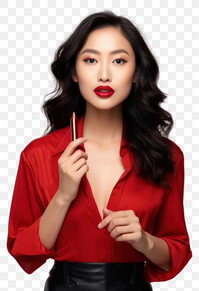 PNG Beautiful trendy young asian female holding a red lipstick portrait photo white background. AI generated Image by…