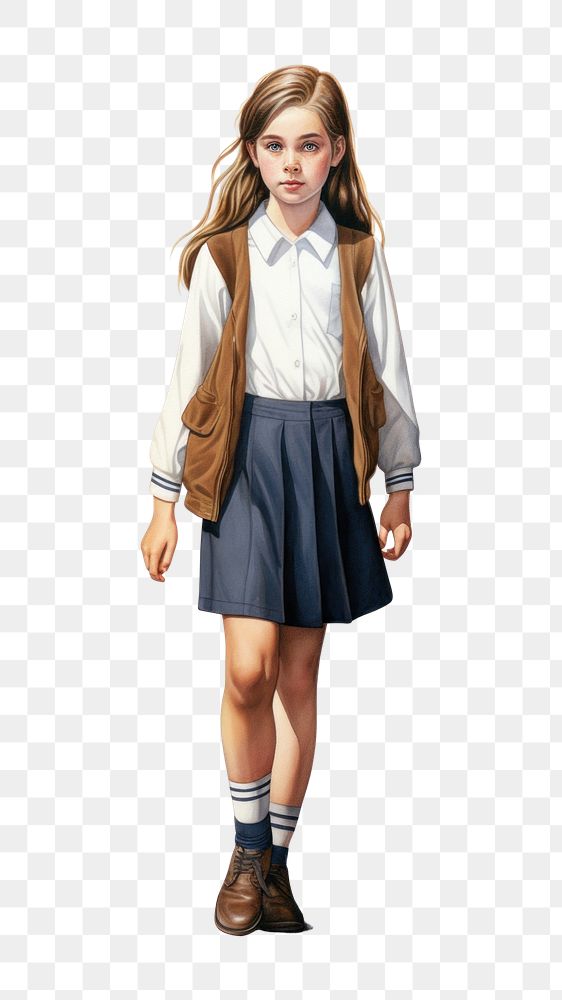 PNG Young girl wearing uniform school footwear skirt shoe. AI generated Image by rawpixel.