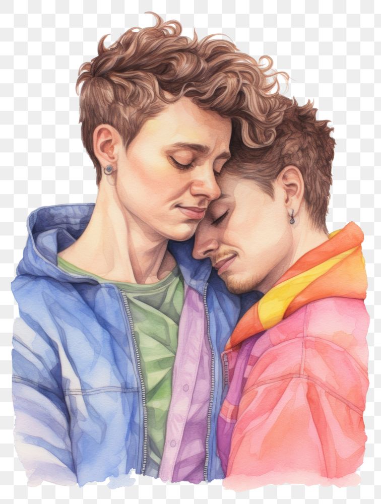 PNG  Lgbt couple portrait drawing kissing. AI generated Image by rawpixel.