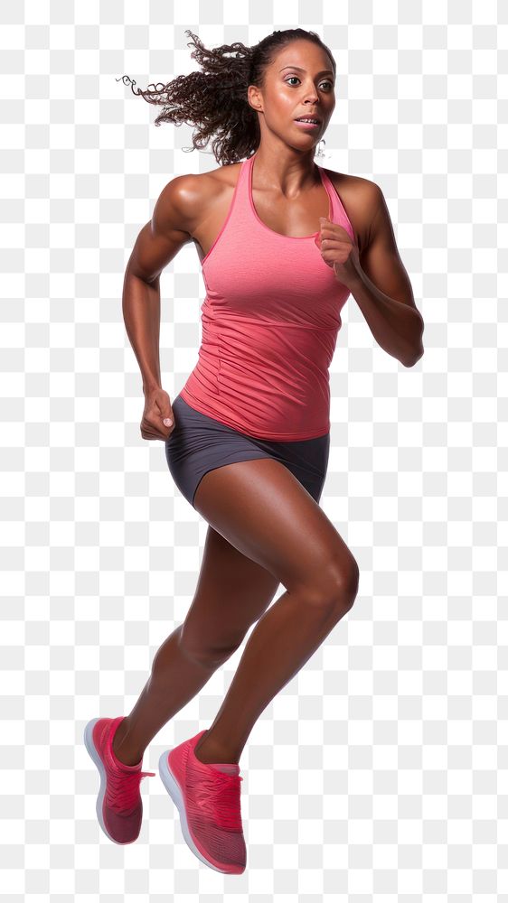 Fit female in white fitness attire jogging outdoors. Full length of a young  woman sprinting stock photo
