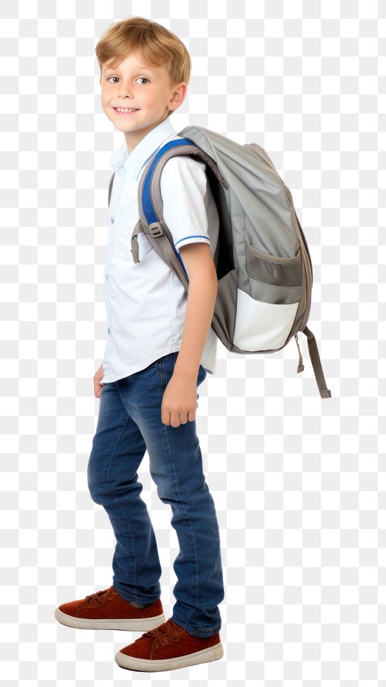 PNG Child with backpack standing bag white background intelligence. AI generated Image by rawpixel.