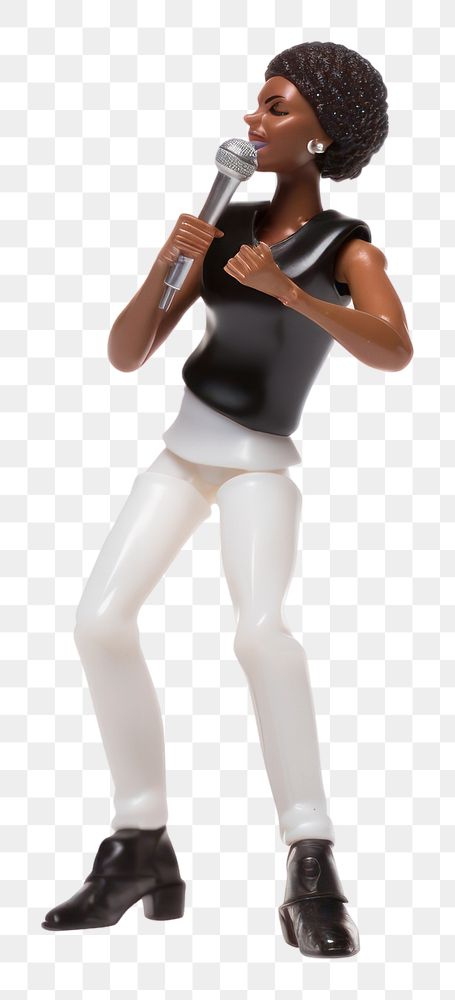 PNG Female black singer holding microphone singing footwear adult white. AI generated Image by rawpixel.