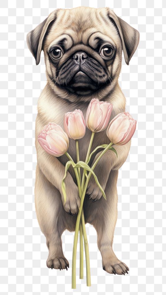 PNG  Pug holding sunflowers animal mammal cute. AI generated Image by rawpixel.