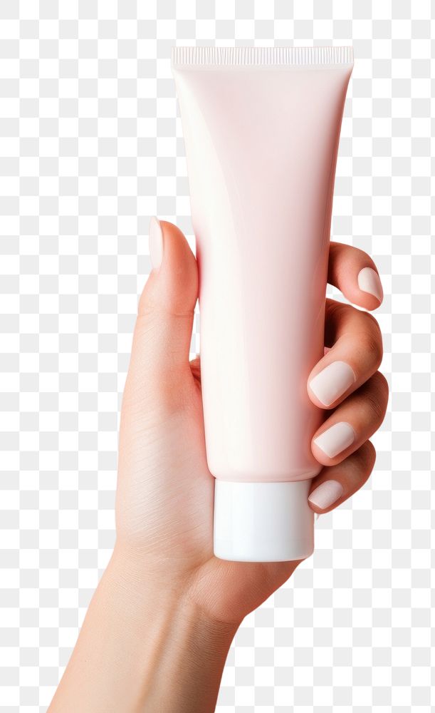 PNG Hand holding skincare tube cosmetics pink pink background. AI generated Image by rawpixel.