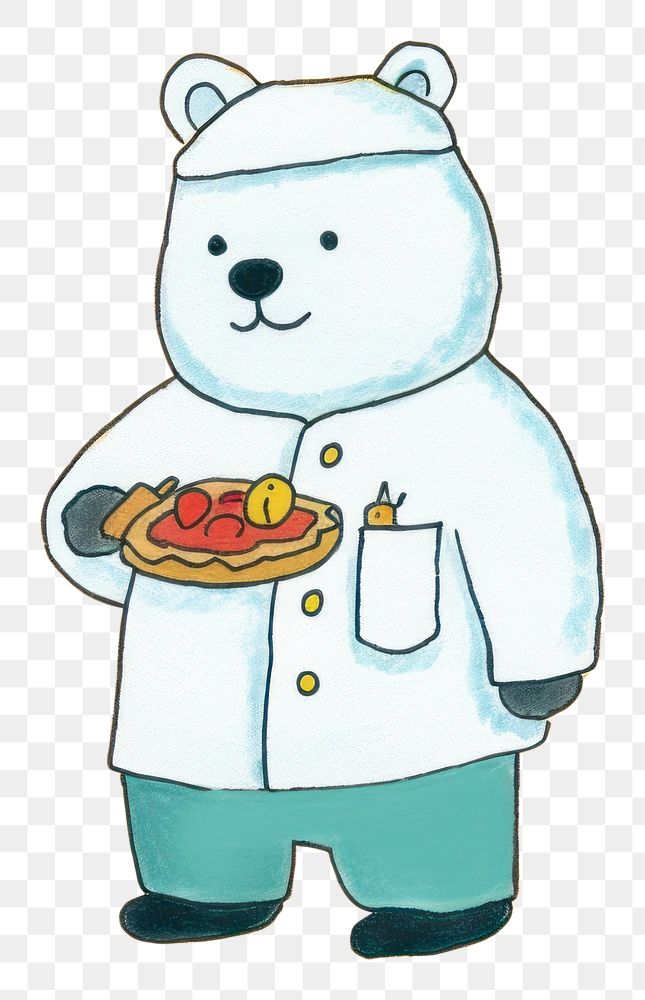 PNG  White bear chef with pizza in hand cartoon representation standing. AI generated Image by rawpixel.