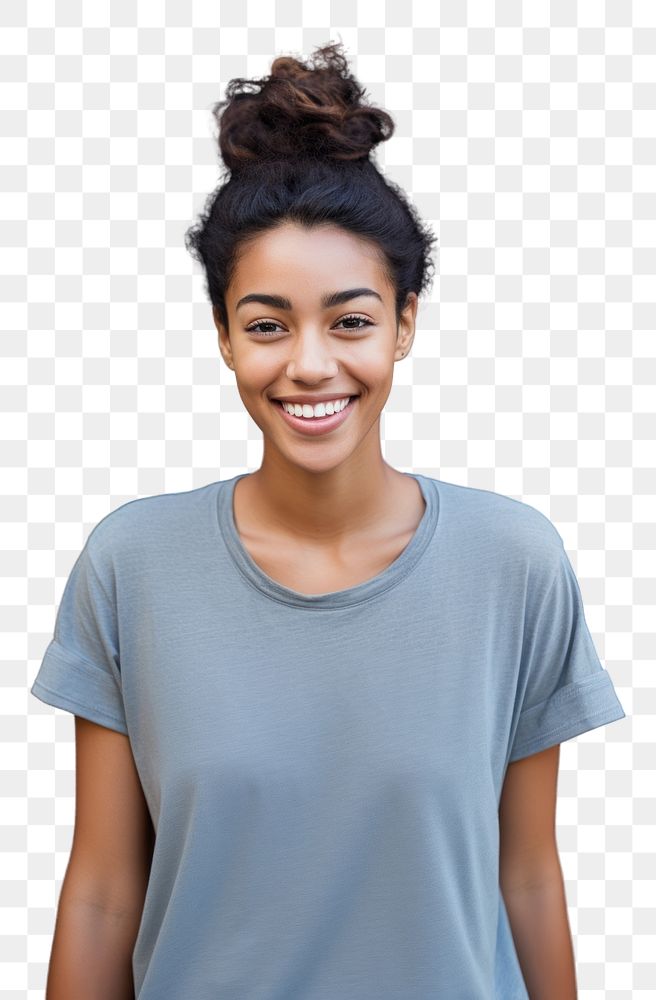 PNG A girl with bun hair t-shirt smile happy. AI generated Image by rawpixel.