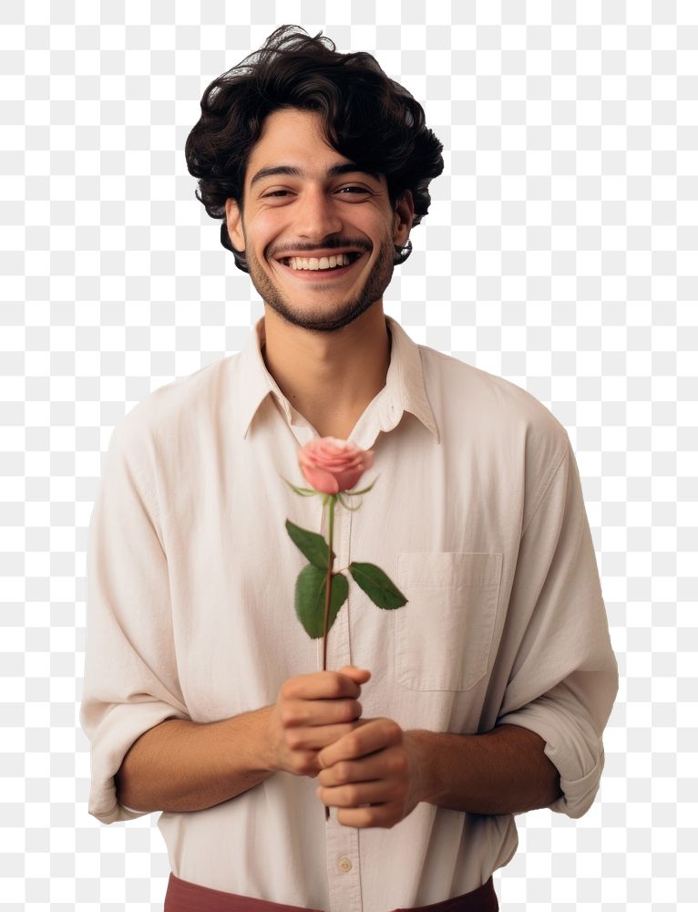 PNG photo of *latin man*, holding a rose flower,standing, smiling, positive emotion, simple minimal aesthetic, isolated on…