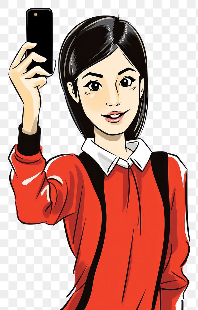 PNG Isolated a girl selfie with mobile phone portrait drawing cartoon. AI generated Image by rawpixel.