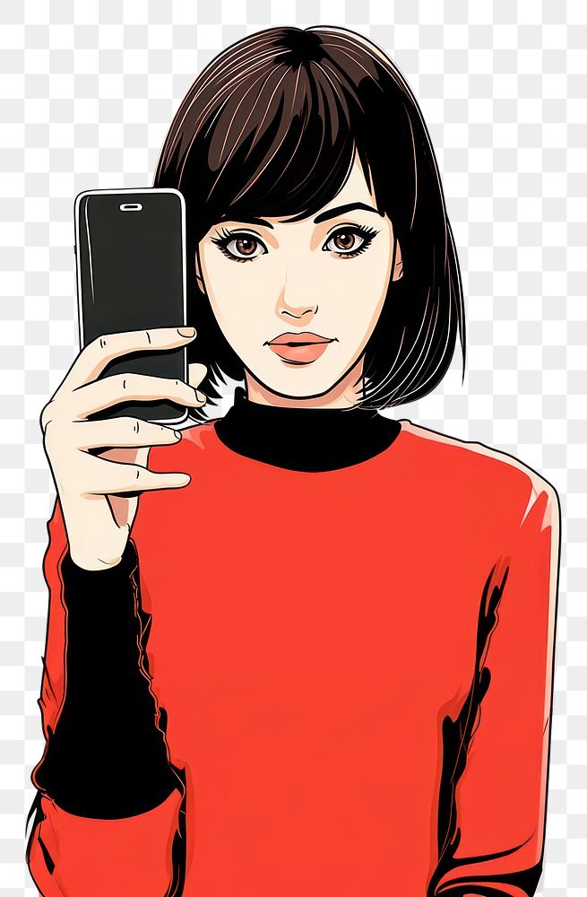 PNG Isolated a girl selfie with mobile phone drawing cartoon adult. AI generated Image by rawpixel.
