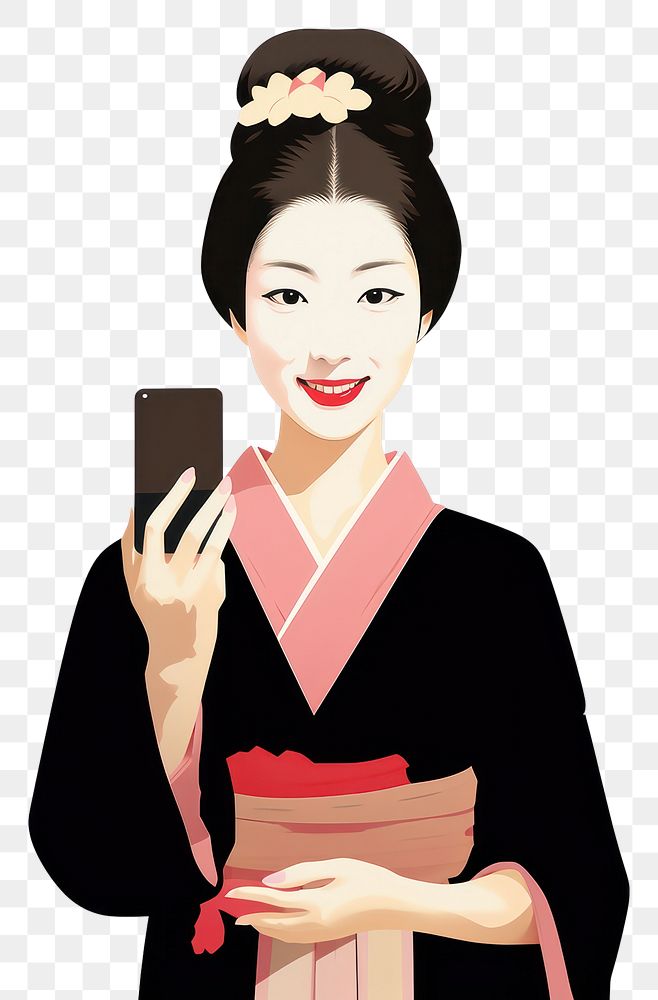 PNG Isolated 1740s smiling woman in kimono selfie adult robe white background. AI generated Image by rawpixel.