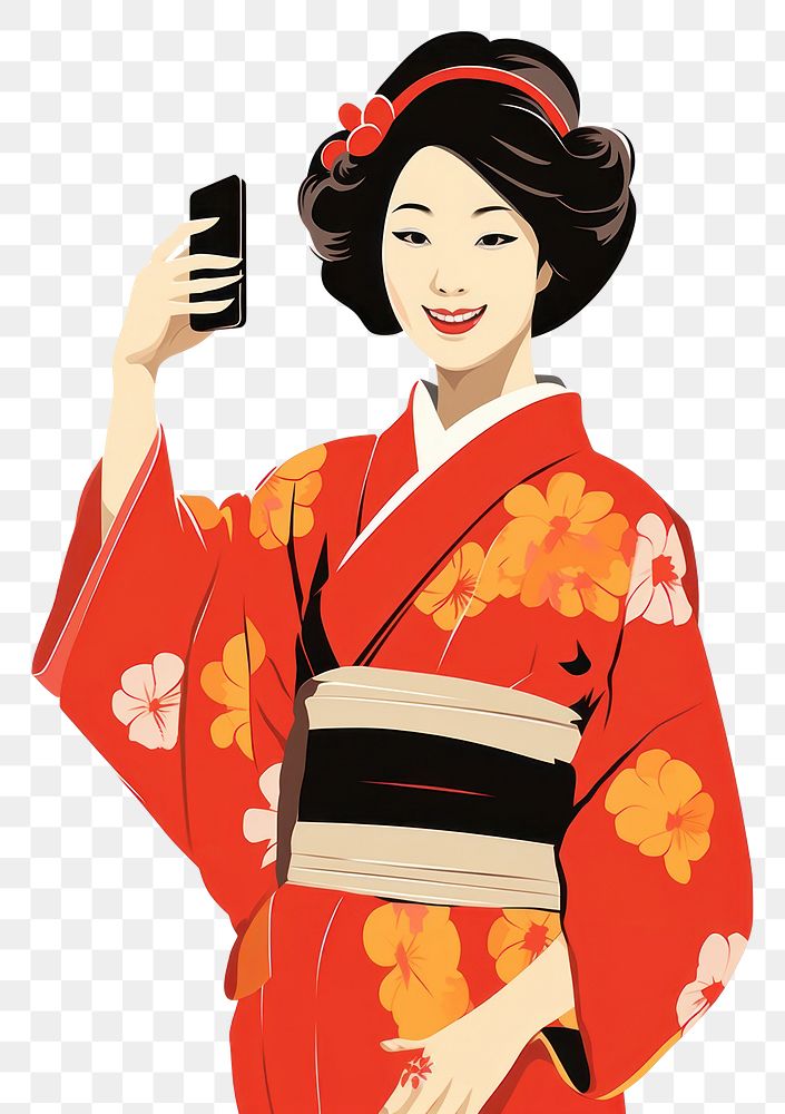 PNG Isolated 1740s smiling woman in kimono selfie cartoon adult robe. AI generated Image by rawpixel.