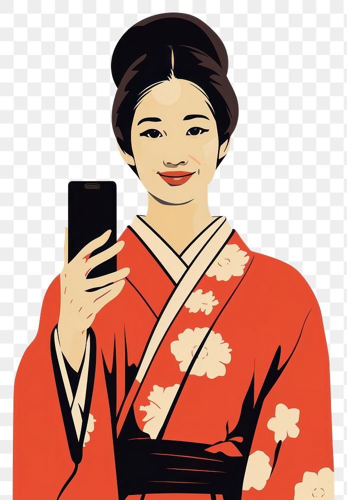 PNG Isolated 1740s smiling woman in kimono selfie cartoon adult robe. AI generated Image by rawpixel.