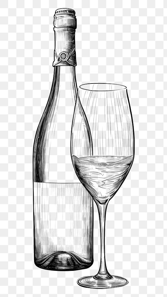 PNG Minimal champagne bottle sketch drawing glass. AI generated Image by rawpixel.
