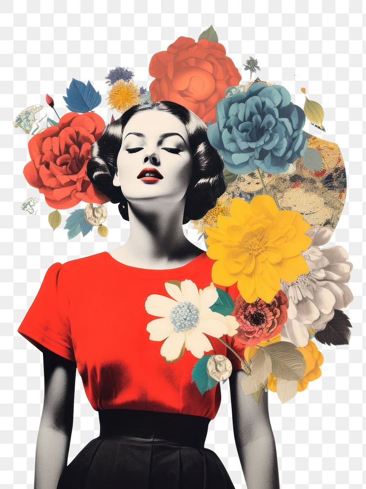 PNG Collage Retro dreamy of a woman with a beautyful flower portrait painting plant. AI generated Image by rawpixel.
