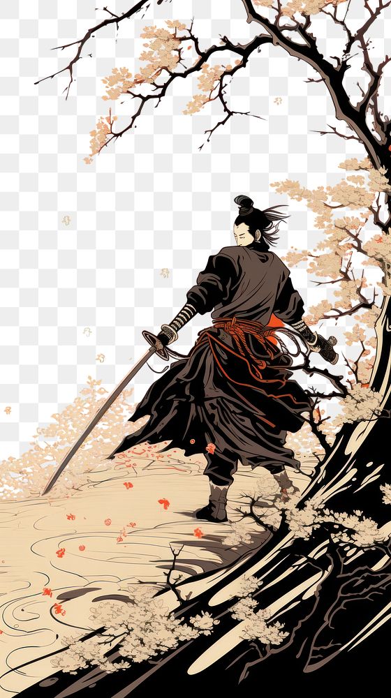 PNG Japanese samurai nature comics sword. AI generated Image by rawpixel.
