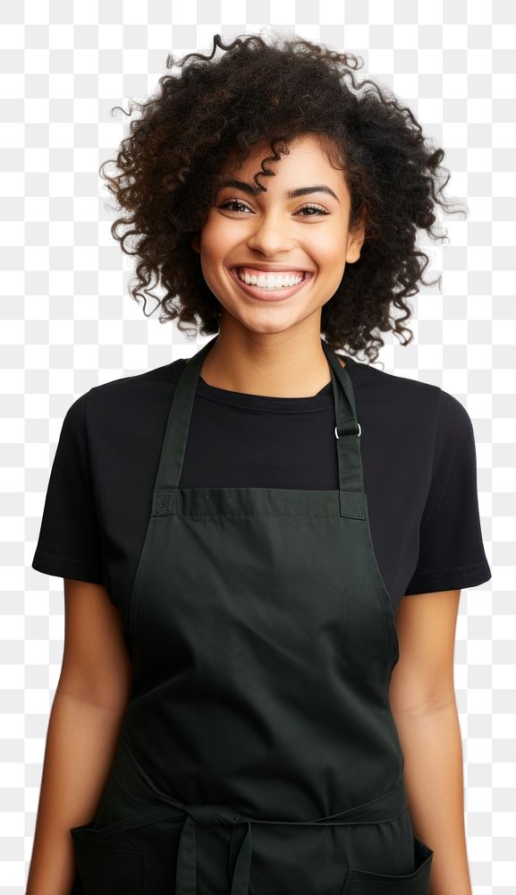 PNG A multiracial woman wearing black apron smiling adult smile. 