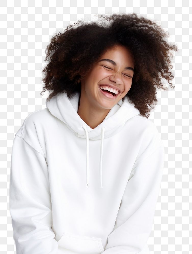 PNG Woman in white sweaater laughing sweatshirt sweater. AI generated Image by rawpixel.