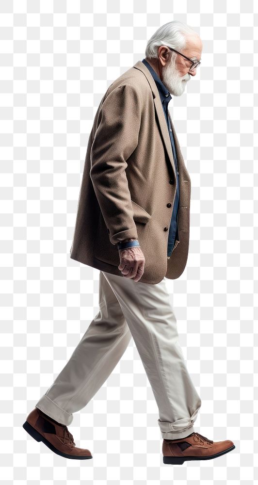A studio shot of *a old man* walking, isolated on white color background --v 5.0 --ar 2:3