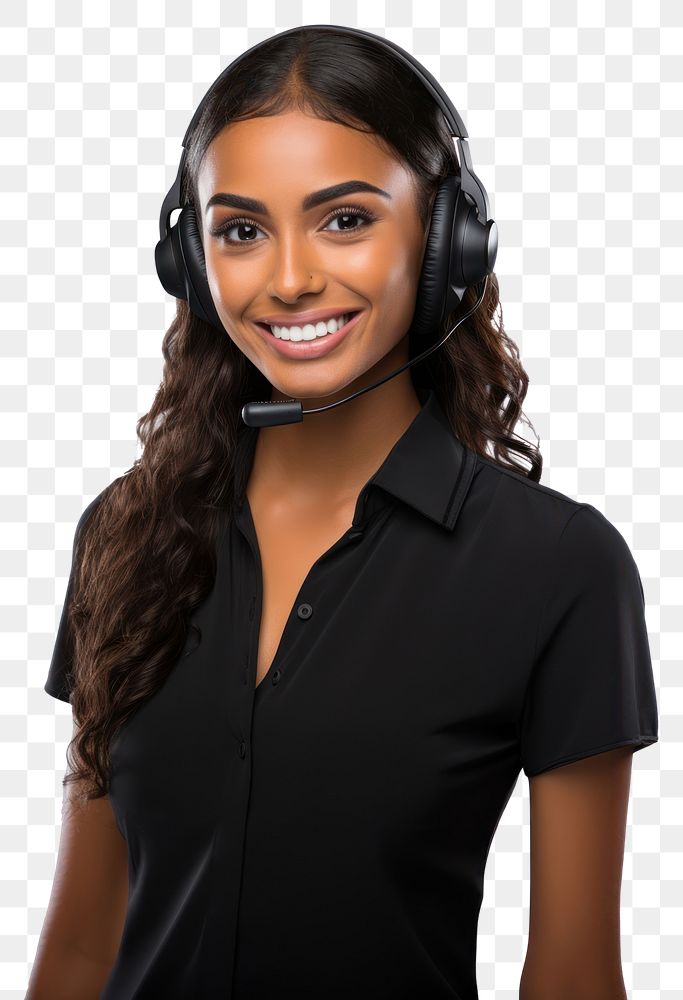 PNG A female customer service worker wearing a headset and smiling headphones portrait looking. AI generated Image by…