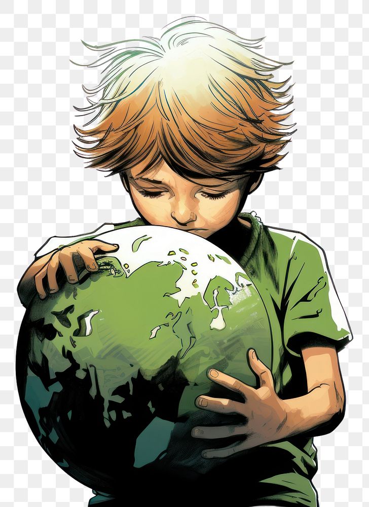 PNG  A little boy hugging a green globe space astronomy standing. AI generated Image by rawpixel.